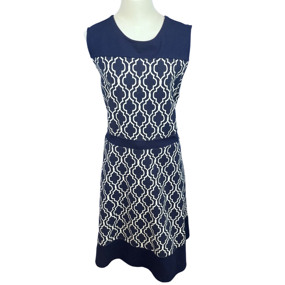 Lands End Navy White Quatrefoil Geometric Sleeveless Dress Plus Sz 22W Nautical